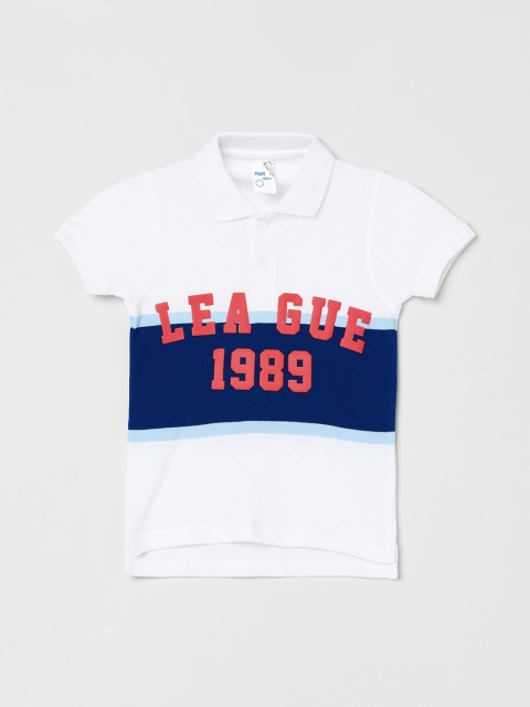 

max Boys White & Navy Blue Printed Cotton Polo Collar T-shirt