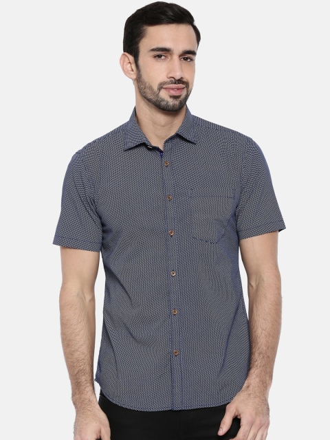 

IMYOUNG Men Navy Blue & White Slim Fit Printed Casual Shirt