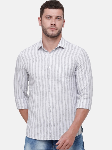 CAVALLO by Linen Club Men Cotton Linen Grey Regular Fit Striped Casual Shirt