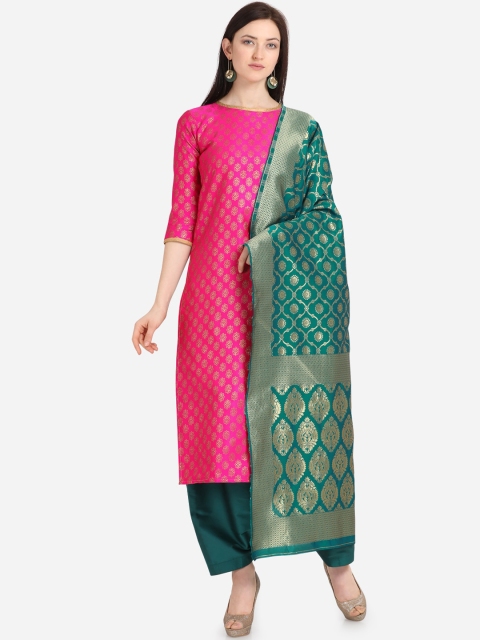 

DIVASTRI Pink & Green Poly Silk Unstitched Dress Material