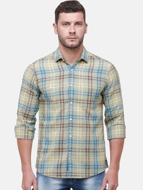 

CAVALLO by Linen Club Men Cotton Linen Grey & Blue Regular Fit Checked Casual Shirt