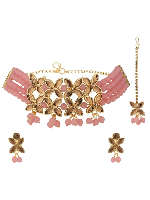 

ANIKAS CREATION Gold-Plated & Pink Kundan-Studded Choker Necklace Jewellery Set