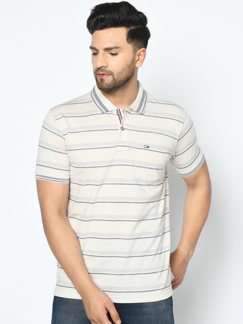 

Duke Men Off-White & Blue Striped Polo Collar T-shirt
