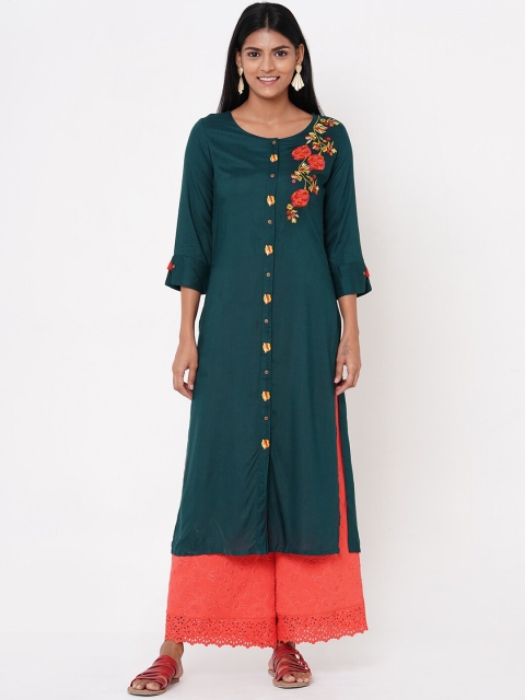 

FASHOR Women Green Embroidered Straight Kurta