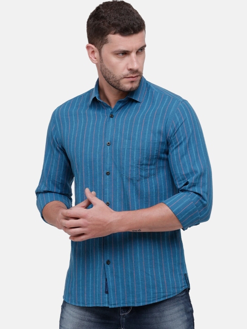 

CAVALLO by Linen Club Men Cotton Linen Blue Regular Fit Striped Casual Shirt