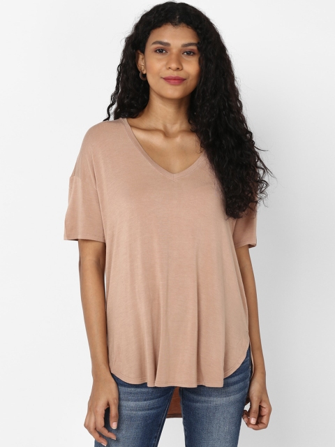 

AMERICAN EAGLE OUTFITTERS Women Beige Solid V-Neck T-shirt