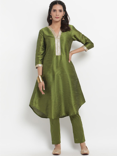 

trueBrowns Women Green Self Design Kurta with Trousers