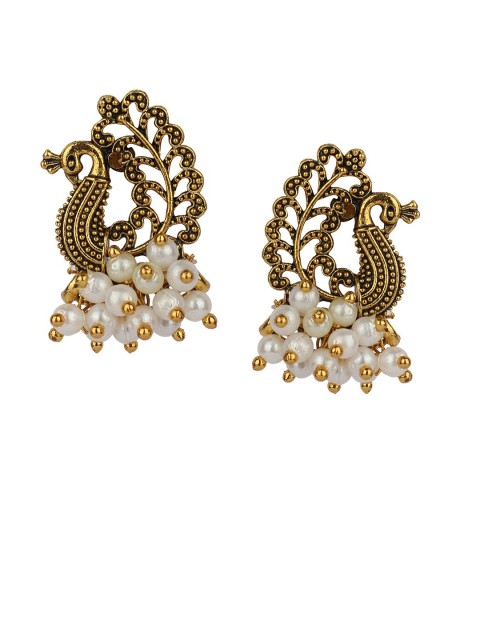 

ANIKAS CREATION Gold-Plated & Off-White Peacock Shaped Drop Earrings