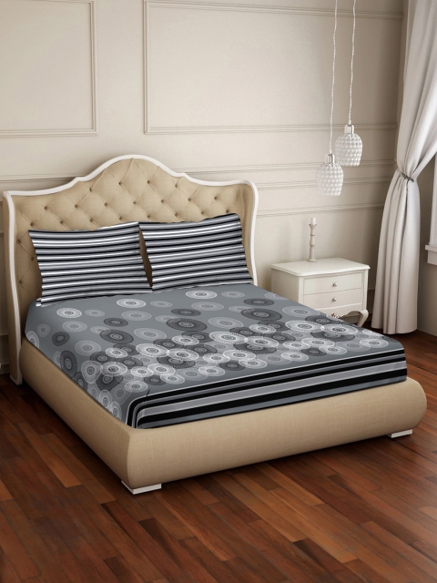 

BELLA CASA Grey & White Floral 250 TC Cotton 1 King Bedsheet with 2 Pillow Covers