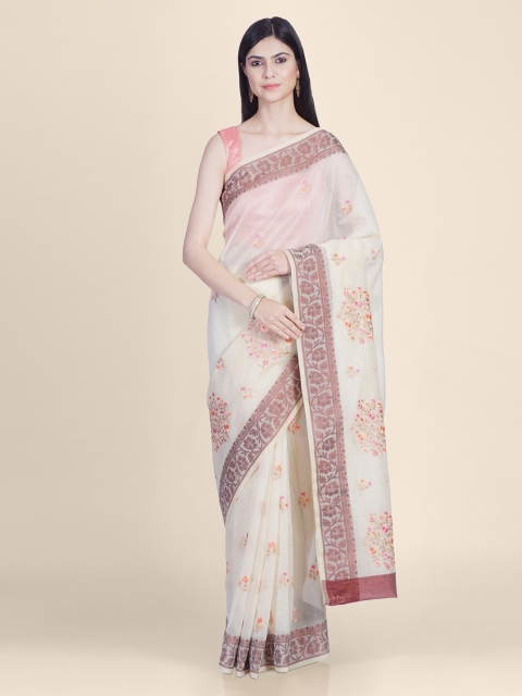 

Kasat Off-White & Brown Supernet Embroidered Kota Saree