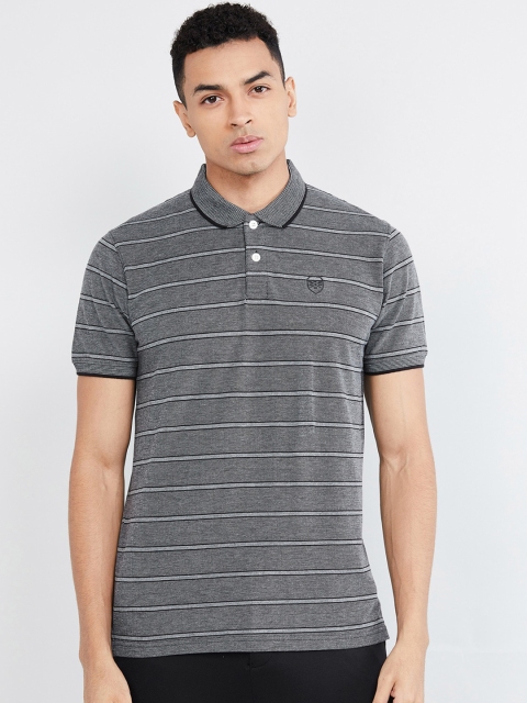 

max Men Grey Striped Polo Collar T-shirt