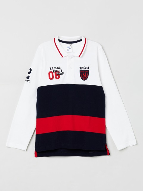 

max Boys White & Black Colourblocked Polo Collar Cotton T-shirt