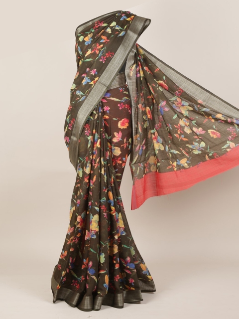 

Pothys Olive Green Printed Linen Blend Saree
