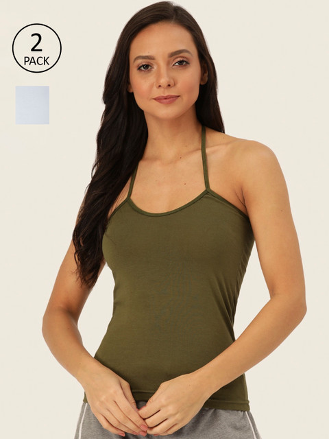 

Lady Lyka Women Pack of 2 Solid Halter Neck Camisoles, Olive