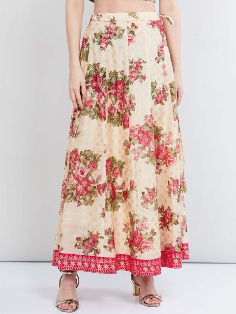 

max Women Peach Coloured & Red Floral Printed Flared Maxi Skirt