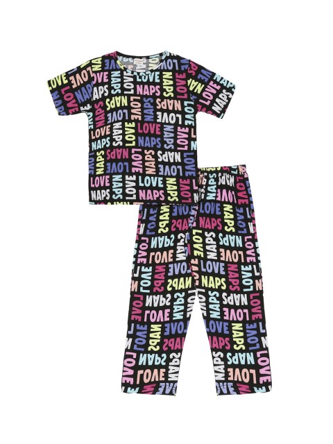 

RAINE AND JAINE Girls Black & Red Printed Night suit