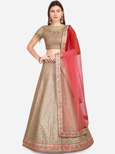 

NAKKASHI Green & Red Embroidered Unstitched Lehenga & Semi-Stitched Blouse with Dupatta