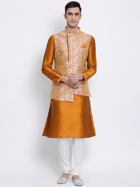 

Sanwara Men Orange & White Solid Kurta with Churidar & Nehru Jacket