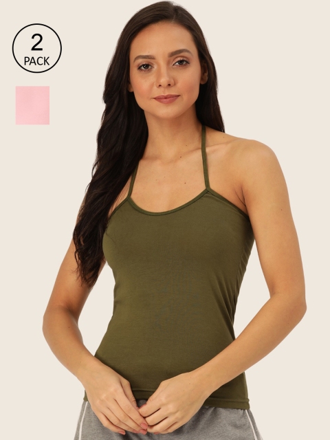 

Lady Lyka Women Pack of 2 Olive Green & Pink Solid Camisoles