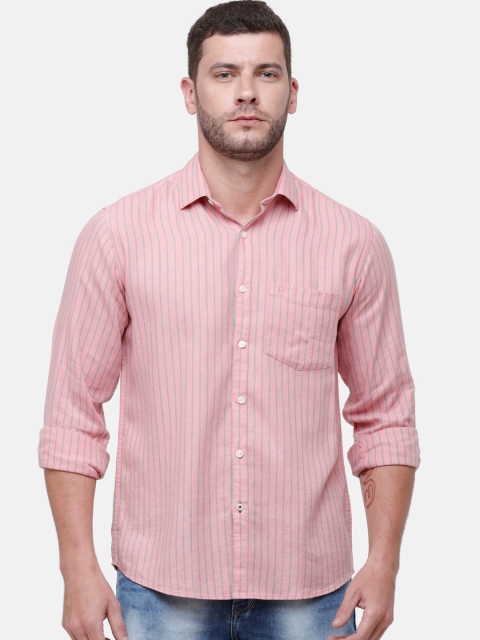 

CAVALLO by Linen Club Men Cotton Linen Pink & Grey Regular Fit Striped Casual Shirt