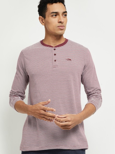 

max Men Burgundy Striped Henley Neck T-shirt
