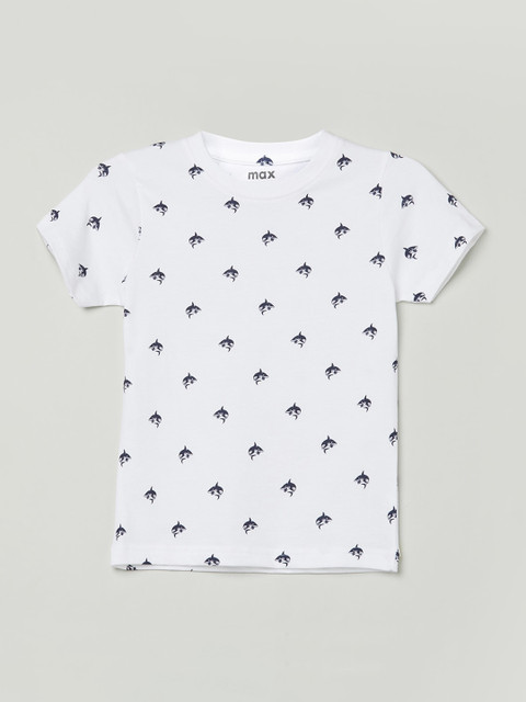 

max Boys White Printed Round Neck Cotton T-shirt