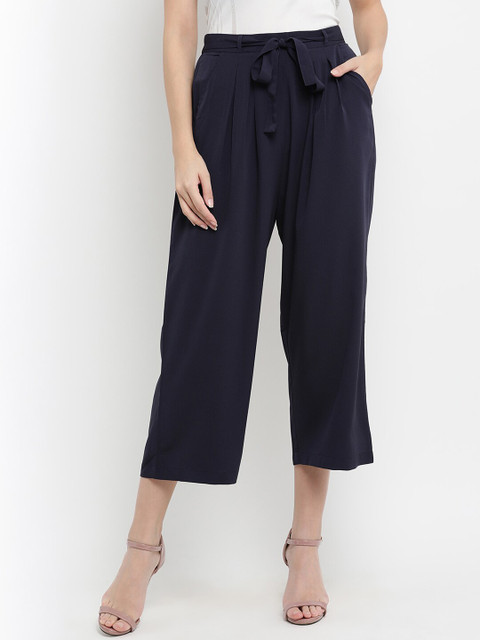 

THREAD MUSTER Women Navy Blue Regular Fit Solid Parallel Trousers