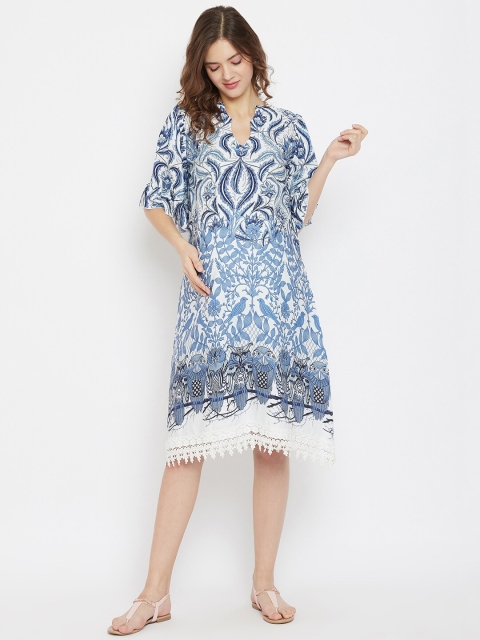 

The Kaftan Company Women White & Blue Floral Printed Maternity A-Line Dress