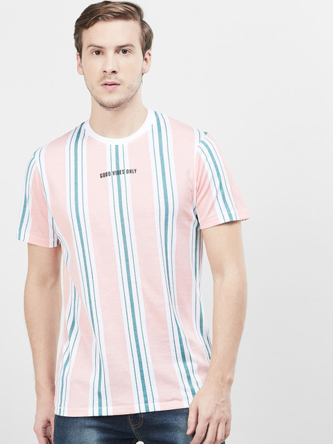 

max Men Pink Striped Round Neck T-shirt