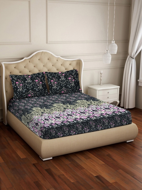 

BELLA CASA Black & Pink Floral 144 TC Cotton 1 King Bedsheet with 2 Pillow Covers