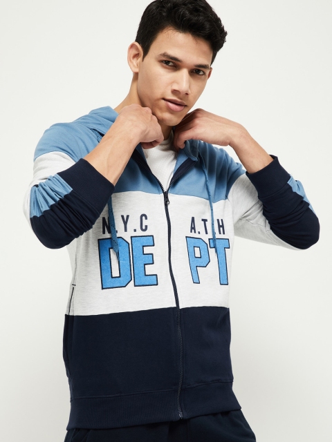 

max Men Blue & White Colourblocked Hooded Sweatshirt