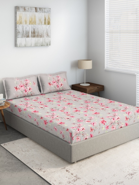 

DDecor Grey & Pink Floral 144 TC Cotton 1 Extra Large Bedsheet with 2 Pillow Covers