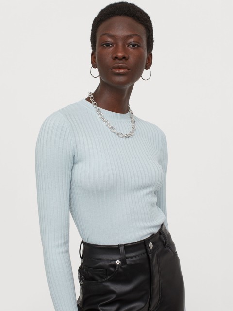 

H&M Women Blue Self Design Ribbed Top