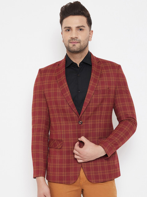 

Canary London Men Rust Brown Checked Slim-Fit Single-Breasted Pure Wool Casual Blazer