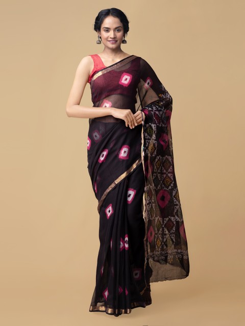 

Unnati Silks Black & Pink Pure Cotton Printed Batik Shibori Kota Saree with Zari Border