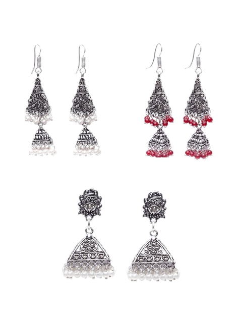 

Stoln Silver-Toned & Red Set of 3 Dome Shaped Jhumkas