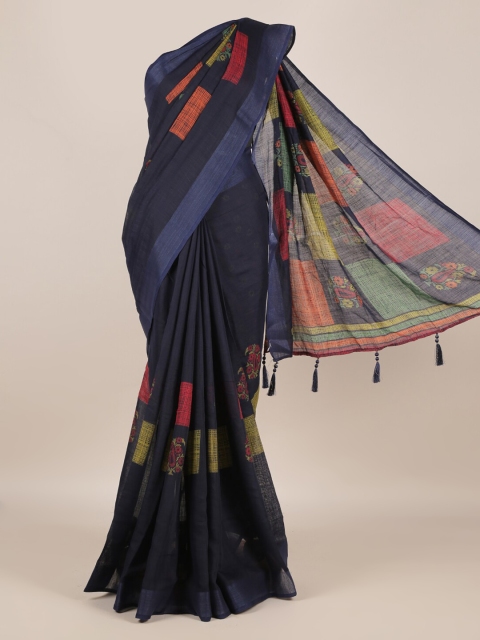 

Pothys Navy Blue Printed Linen Blend Saree