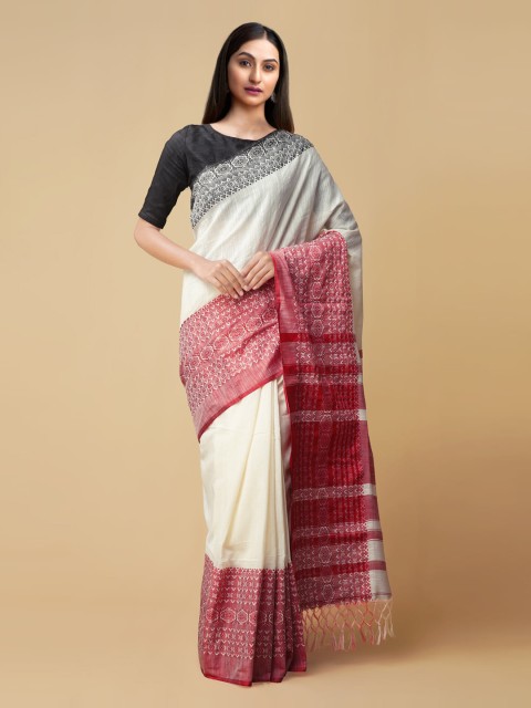 

Unnati Silks Cream-Coloured Pure Linen Solid Jamdani Saree