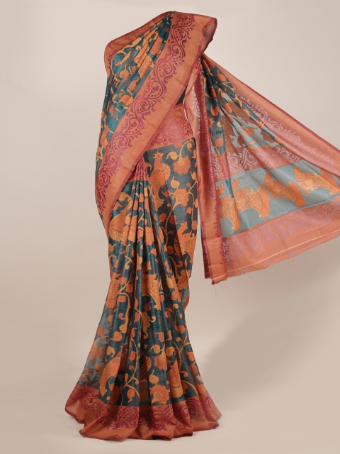 

Pothys Blue & Orange Jute Silk Printed Saree