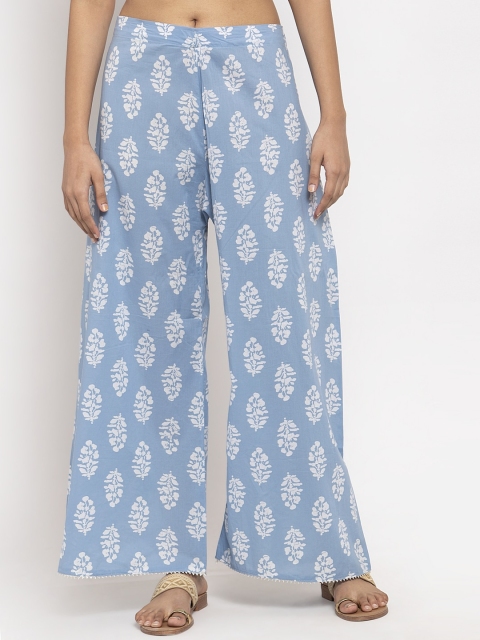 

TAG 7 Women Blue & White Floral Printed Hem Design Flared palazzos