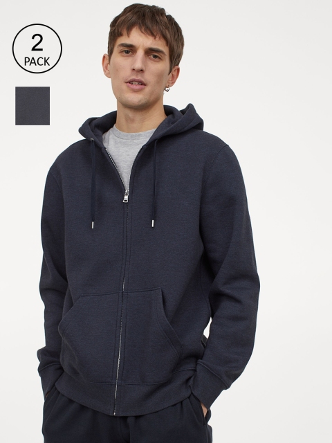 

H&M Men Blue & Grey Solid 2-Pack Zip Hoodies Regular Fit