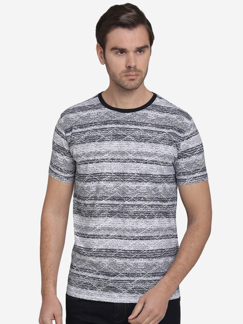 

JADE BLUE Men Navy Blue & Grey Striped Round Neck Cotton T-shirt