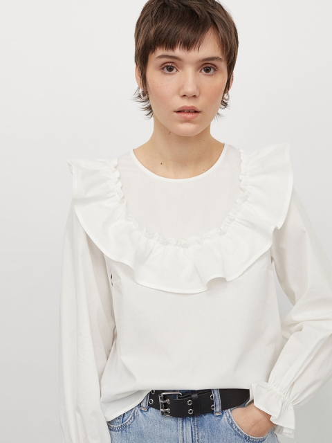 

H&M Women White Solid Flounce-trimmed Blouse
