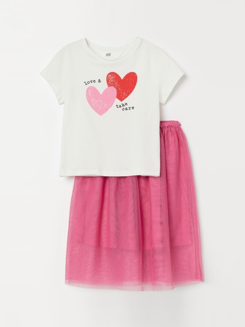 

H&M Girls White & Pink Printed 2-Piece Set