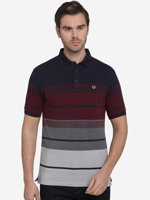 

JADE BLUE Men Maroon & Grey Striped Polo Collar T-shirt