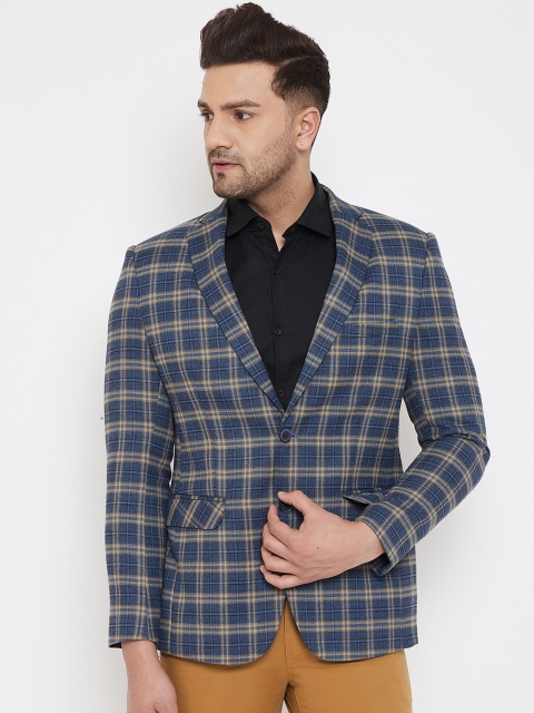 

Canary London Men Blue & Yellow Checked Slim-Fit Single-Breasted Blazer