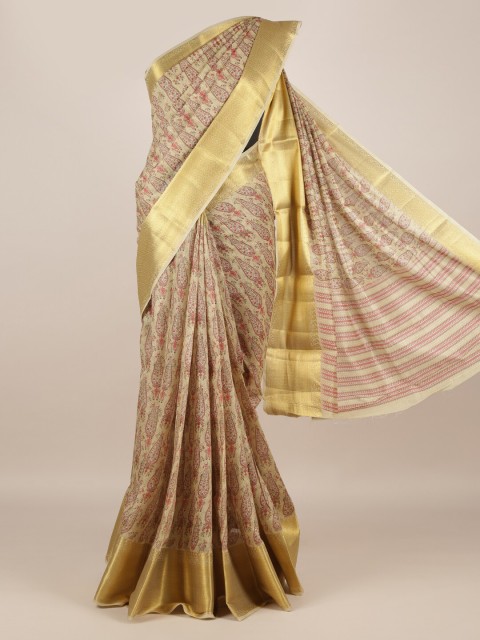 

Pothys Cream-Coloured Printed Jute Silk Saree with Zari Border