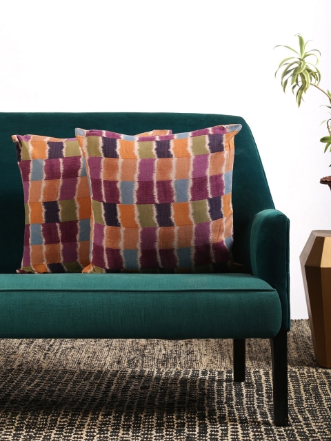 

Contrast Living Olive Green & Orange Set of 2 Geometric Square Cushion Covers