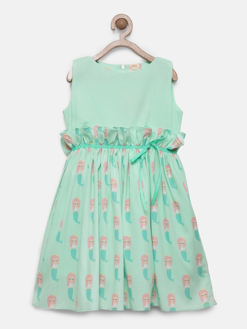 

mini miao Girls Green Printed Fit and Flare Dress