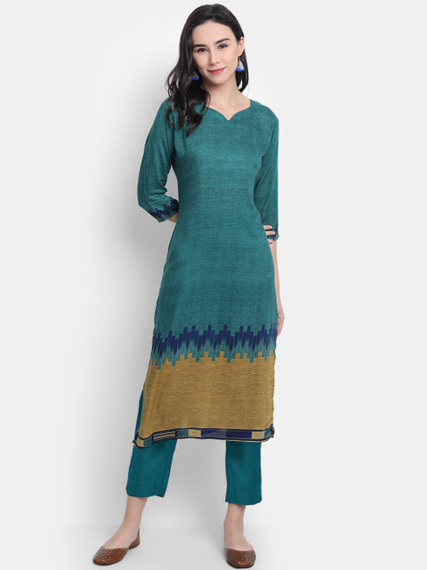 

7Threads Women Turquoise Blue Embroidered Straight Kurta